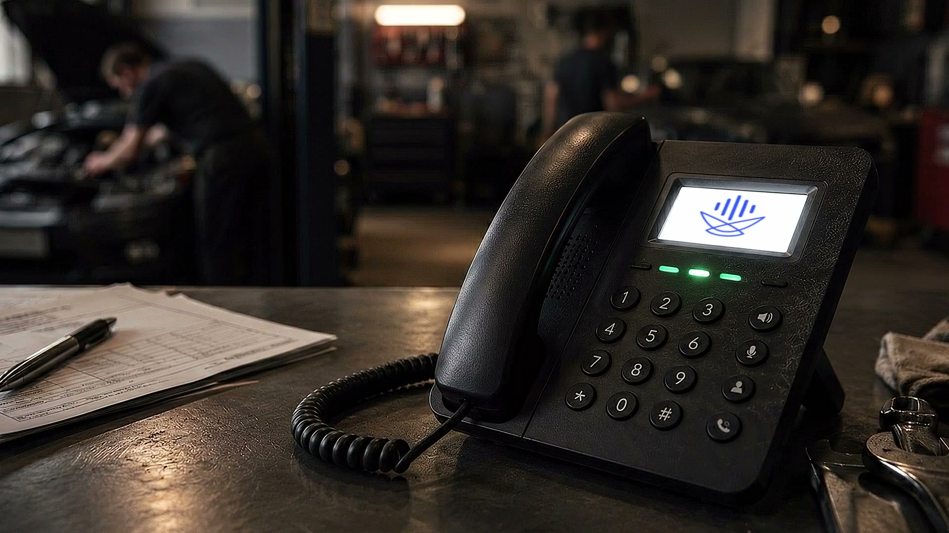 Un téléphone de garage affiche le logo Subline : l'assistant décroche à la place du commerçant.